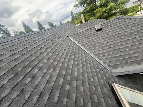 Full Roof Replacement — Finished exterior — new roofline against the home's siding and landscaping.